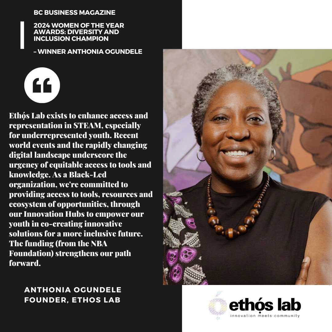 Congratulations are in order for our fantastic NBA Foundation grantee partner Ethos Lab 🥳🎉 Anthonia Ogundele, founder of Ethos Lab won a prestigious Diversity and Inclusion Champion Award from @bcbusiness We are so proud of the work Anthonia has done to create an inclusive