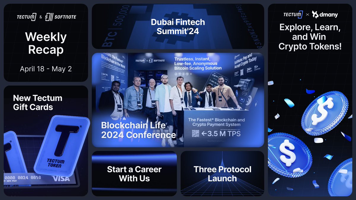 Tectum Recap! The team is actively networking & releasing new utility for $TET holders: 🔹Booth & Speaker at an upcoming Dubai FinTech Summit 🔹Recap photo from Blockchain Life 🔹Like & Share posts to earn $TET with Dmany 🔹Successful Launch of Three Protocol 🔹Apply for a…