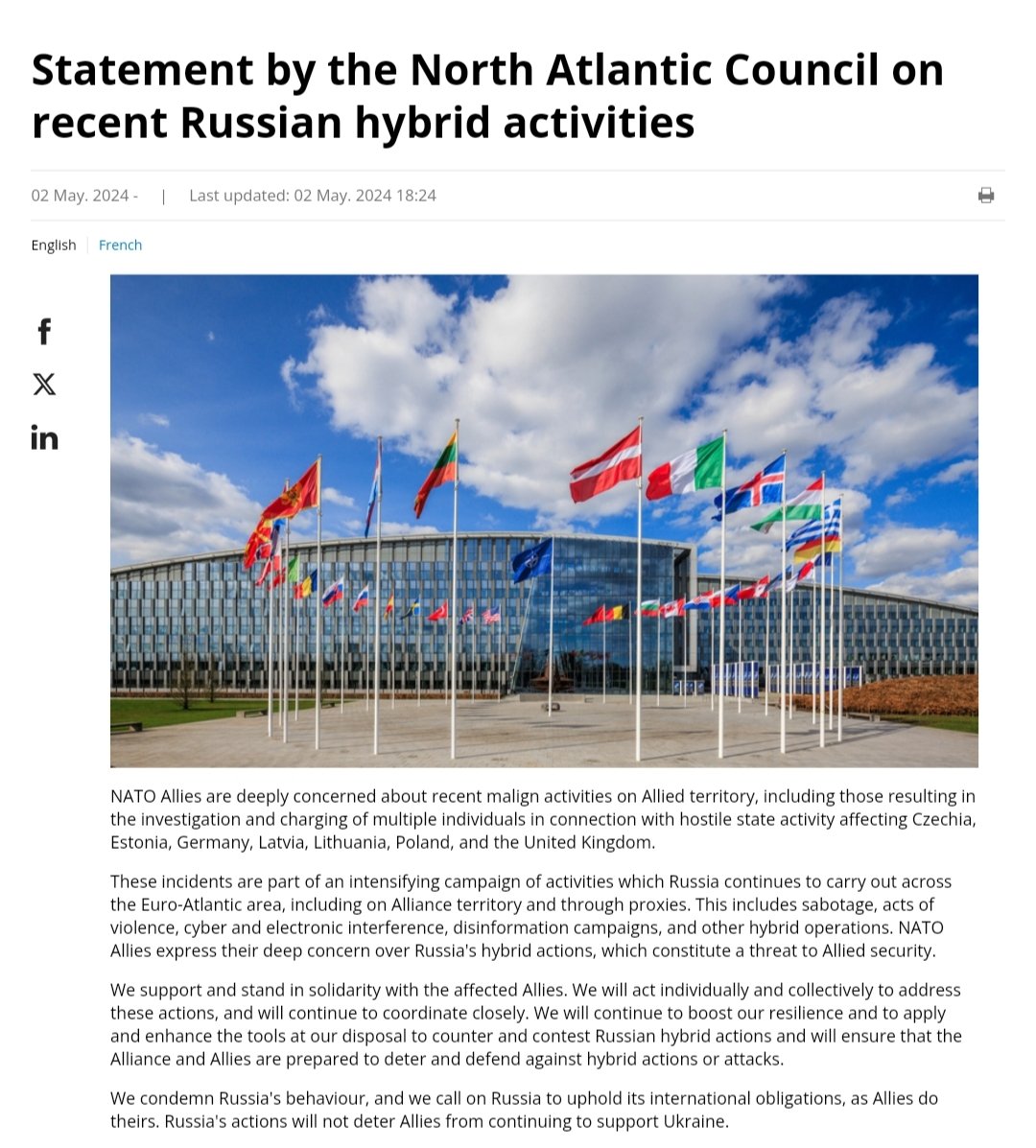 #BREAKING: NATO released an official statement regarding 'recent Russian hybrid activities' on the territory of the Alliance. NATO blames Russia for conducting acts of sabotage, acts of violence, cyber and electronic interference, as well as disinformation campaigns, which