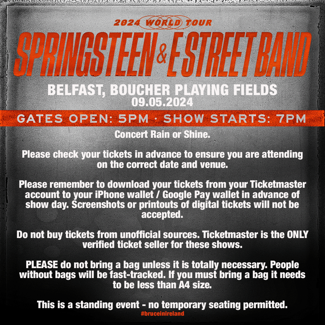 😎𝟭 𝗪𝗘𝗘𝗞 𝗧𝗢 𝗕𝗘𝗟𝗙𝗔𝗦𝗧 @springsteen fans 🎉 #KnowBeforeYouGo with the Concert Information below and please plan your journey in advance 🚍🚆 See more here bit.ly/3WinlRo