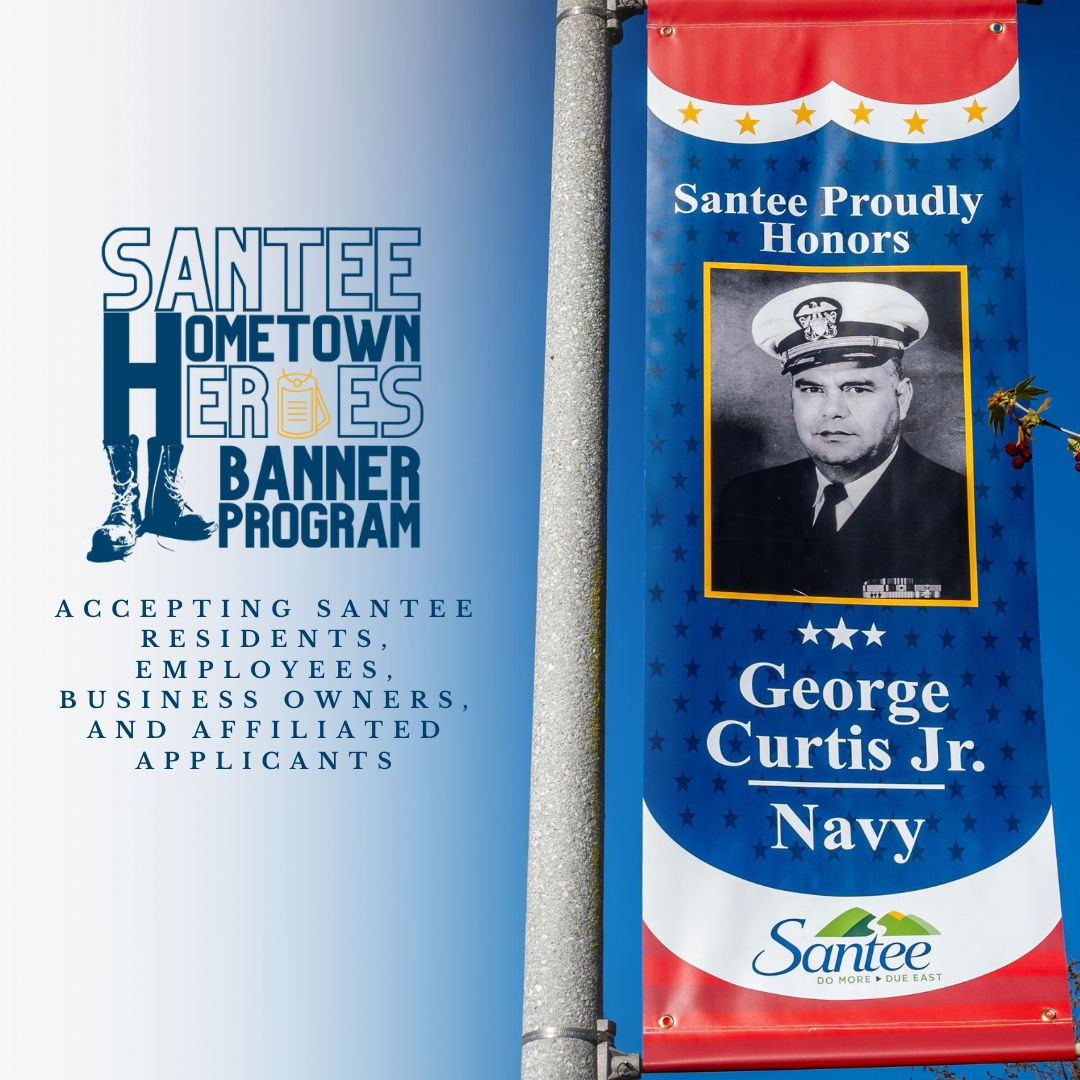 May is #MilitaryAppreciationMonth! 🇺🇸 The City of Santee demonstrates #military appreciation every day with it's Hometown Heroes Banner Program. Honor a hero and apply for a banner today, and financial assistance is available! Learn more: bit.ly/3Rcbb7h