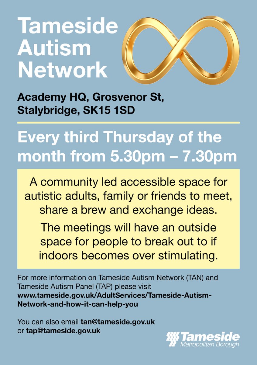 Tameside Autism Network offer a community led accessible space for autistic adults, family or friends to meet, share a brew and exchange 💙 📍 Academy HQ, Grosvenor St, SK15 1SD 📆 Every third Thursday of the month 🕙 5:30pm - 7:30pm More info👇 tameside.gov.uk/autism/support…