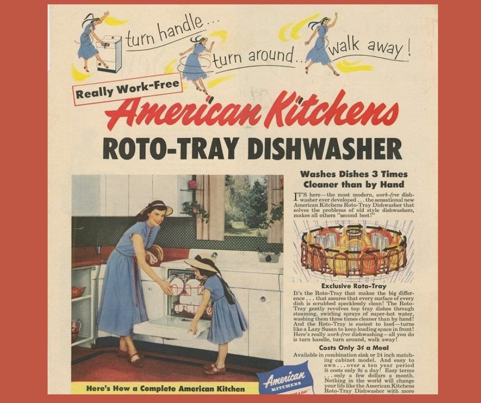 Who knew spinning the dishes was before the water spinner?! How many dishes were chipped, cracked or  broken do you think?
#ThrowbackThursday #dishwasher #retro #advertising #ads #retrostyle #retrodecor #vintageadvertising #efficient #comoxvalley #courtenayappliances