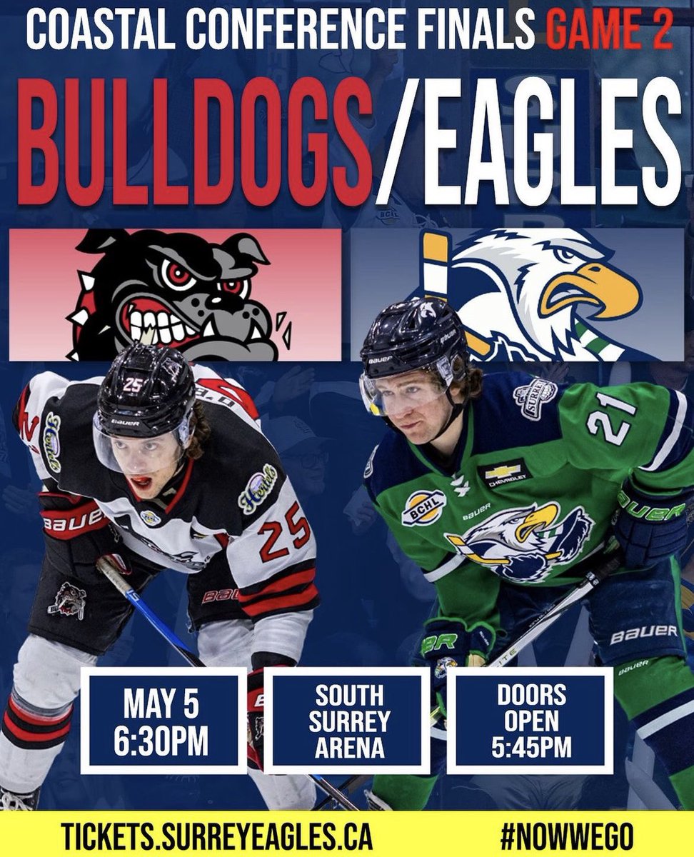 Tickets for Game 2⃣ of the Coastal Conference Finals are on sale now! 🦅 🎟️ tickets.surreyeagles.ca 🎟️ #BCHL | #NowWeGo