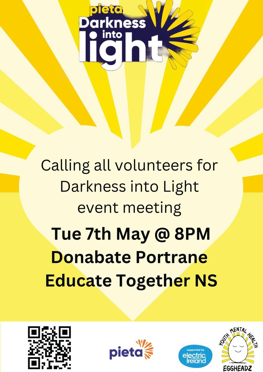 Calling anyone who’d like to volunteer to help at our inaugural #Donabate #Portrane @PietaHouse  #DarknessIntoLight walk on 11 May 2024 🌅 

Please join us next Tuesday 07 May at DPETNS 💐 Thank you!!