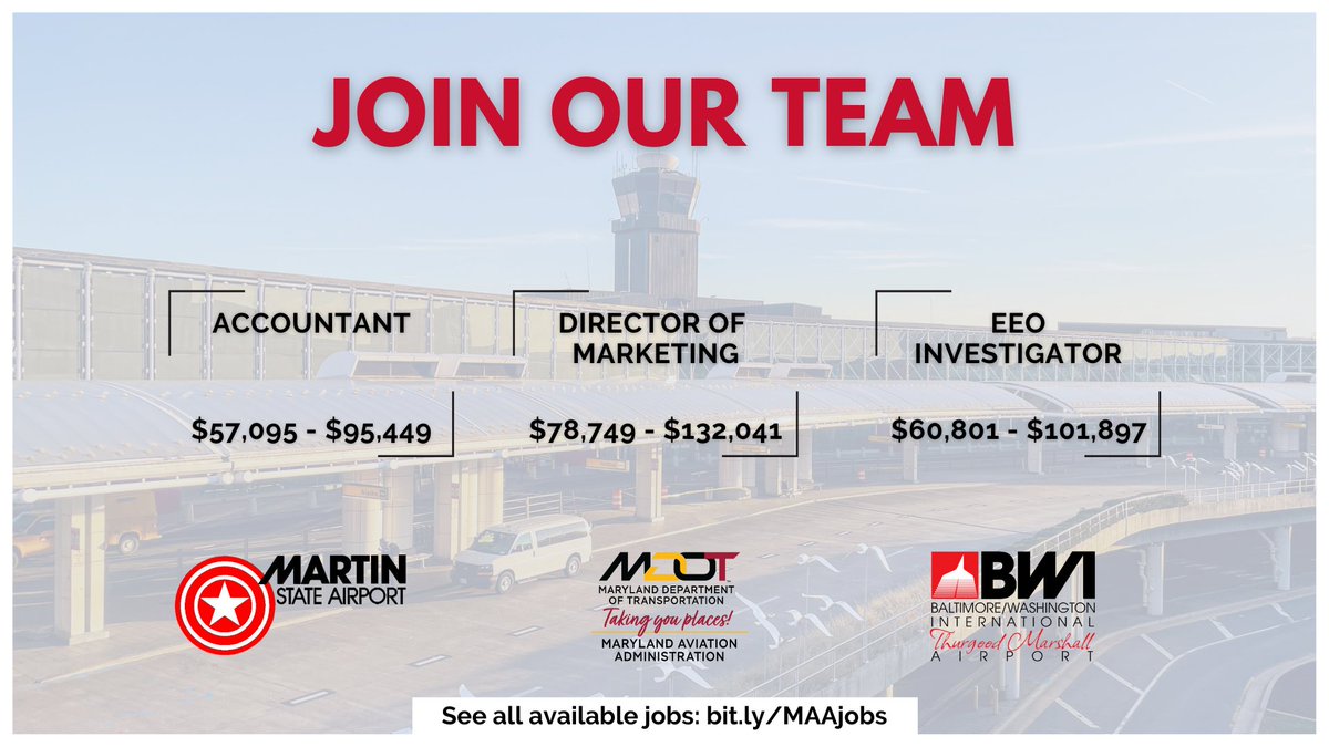 We are hiring for several positions! Recently posted opportunities include: - Accountant - Director of Marketing - EEO Investigator Learn more about these positions and apply today at bit.ly/MAAjobs. #MDOTcareers #careers #hiring #jobs #airports