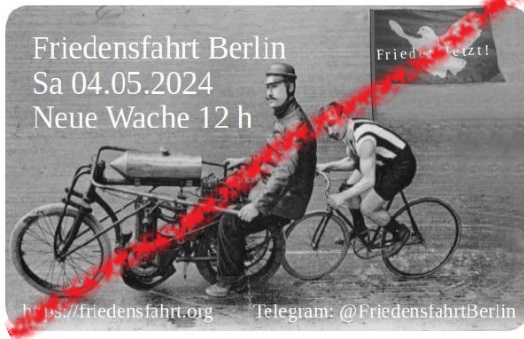 #b0405 #fckQuerdenken #FCKdieBasis
Samstag, den 4. Mai  fährt die Fahrrad-Demo 'Friedensfahrt' von der Neuen Wache (12 Uh) zum Lustgarten (15:30). Das Klientel setzt sich aus 'dieBasis', 'FriedlichZusammen'-Akteuren, Autokorso-Teilnehmern und 'Montagsspaziergängern' zusammen.