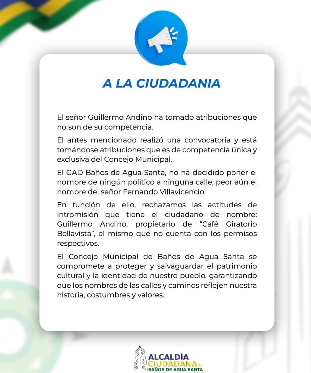 El Municipio de Baños salió a desmentir a la asambleísta Ana Galarza y compañía, la Municipalidad no ha dado permiso de llamar 'Fernando Villavicencio' a ninguna calle.