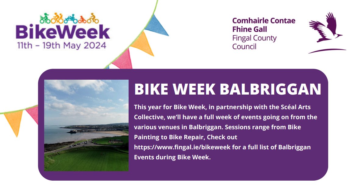 Mark your calendars for Bike Week! 🚴🏻 A full week of exciting events between May 11th-19th, for all ages in Balbriggan, from Upcycling and Maintenance Workshops to Bike Safety Check’s and Bike Yoga. @FingalCountyCouncil Climate Action & Active Travel Unit in partnership with…