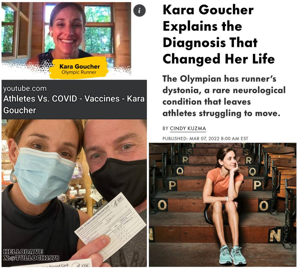 Runner, Kara Goucher Explains The Diagnosis That Changed Her Life 💉(March 2024)
#VaccineSideEffects 

'I am vaccinated with Pfizer.”

“The Olympian has runner’s dystonia, a rare neurological condition that leaves athletes struggling to move.”

join colinrivas.tv