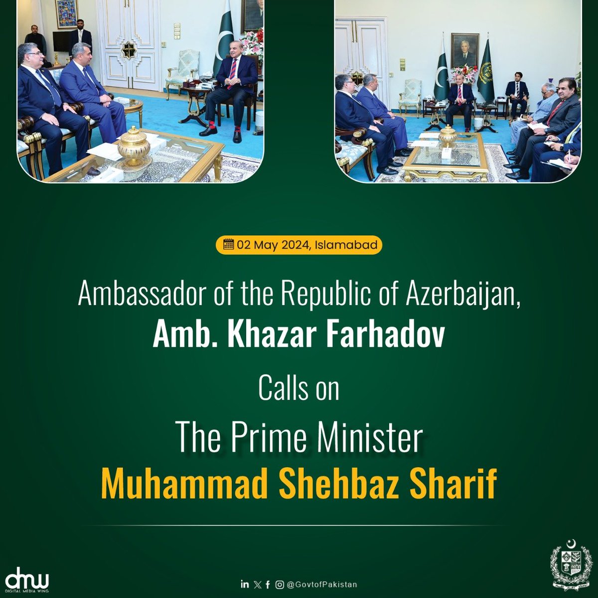 Amb. Khazar Farhadov, Ambassador of the Republic of Azerbaijan called on the Prime Minister Muhammad Shehbaz Sharif today. The Prime Minister congratulated Azerbaijan on being selected as the host city for the COP 29 Summit meeting that will be held in November 2024. The Prime…