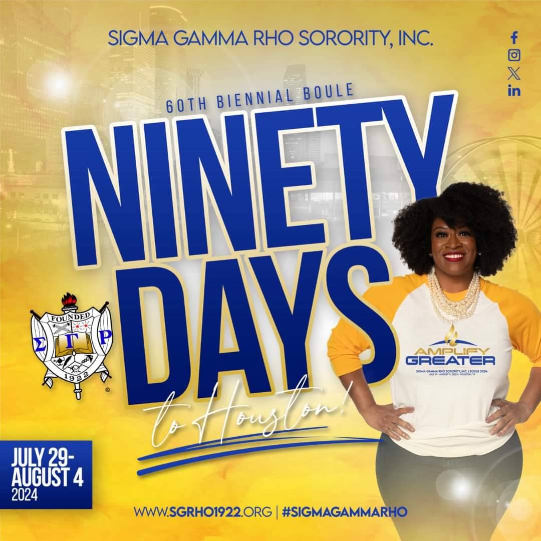 electmcknightSW's tweet photo. We are 90 Days Away from the 60th Biennial Boule in Houston. It is almost time to #AmplifyGreater ! 

Drop some blue and gold emojis in the comments if you are coming to Boule 💙💛

#SigmaGammaRho #GreaterWomenGreaterWorld #AmplifyGreater #SGRho https://t.co/K7QV3HKxXG