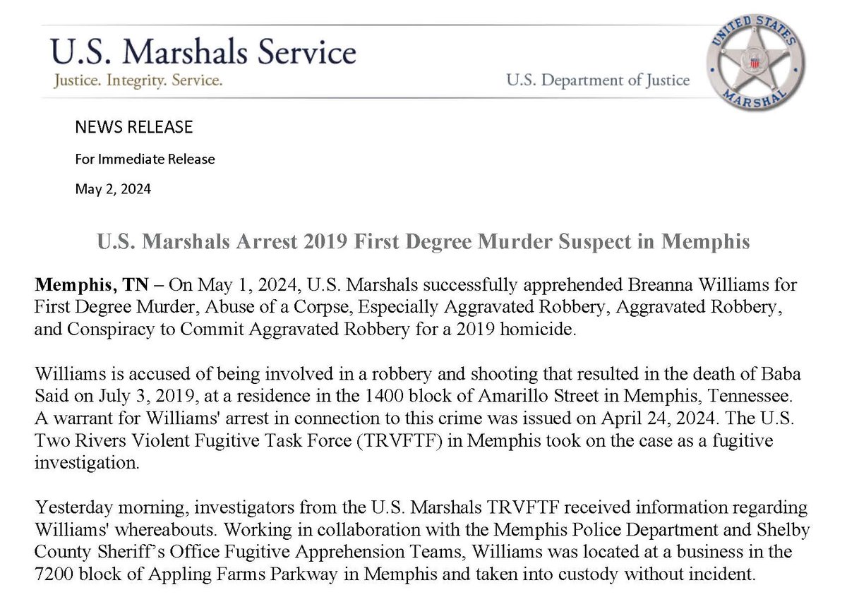 Breanna Williams was captured by U.S. Marshals, @MEM_PoliceDept, and @ShelbyTNSheriff for a 2019 First Degree Murder, Robbery, Abuse of a Corpse in #Memphis.