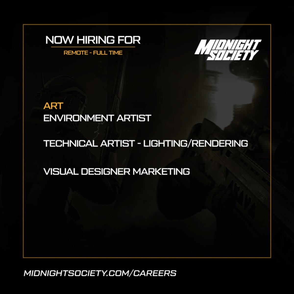 Now hiring for Art: Environment Artist Technical Artist - Lighting/Rendering Visual Designer Marketing Apply now: midnightsociety.com/careers
