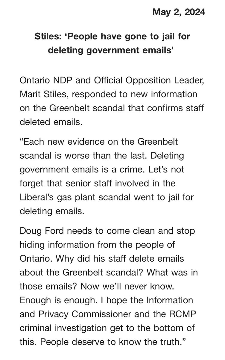 Following @Thetrilliumca’s reporting, the Ontario NDP published this statement by Leader Marit Stiles, saying, “I hope the Information and Privacy Commissioner and the RCMP criminal investigation get to the bottom of this.”