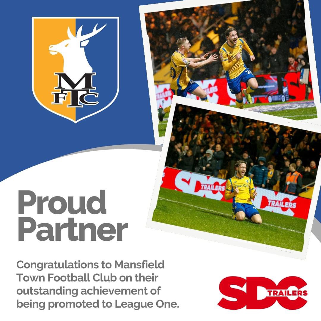 Congratulations to @mansfieldtownfc on being promoted to League One. As a proud partnership of the club, SDC is committed to supporting our local community and we’re honoured to be a part of your journey. From your friends and neighbours, SDC Trailers.