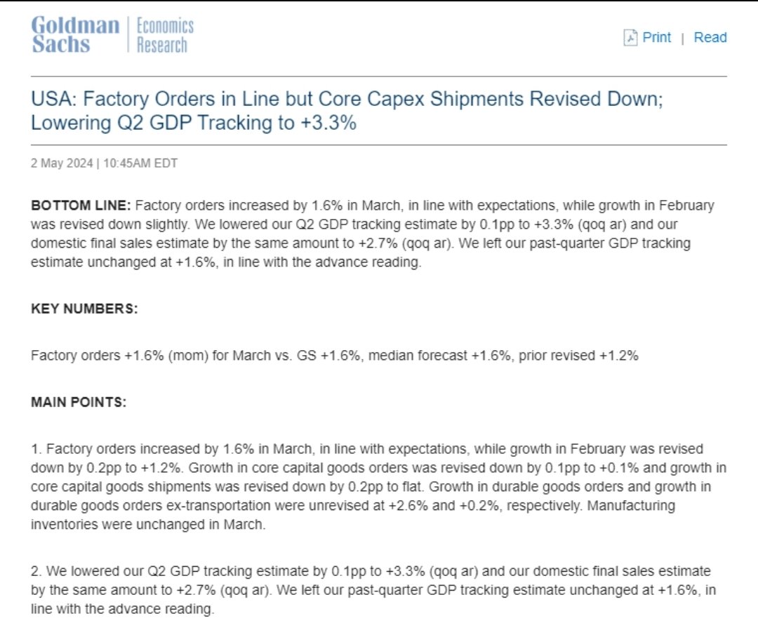 Goldman Factory Orders in Line but Core Capex Shipments Revised Down; Lowering Q2 GDP Tracking to +3.3%