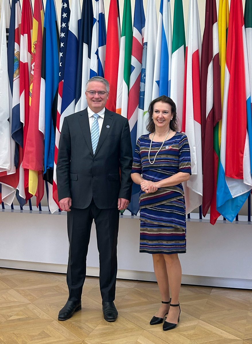 La canciller Diana Mondino junto al secretario general de la OCDE, Mathias Cormann, tras el inicio del proceso para que Argentina ingrese al organismo.