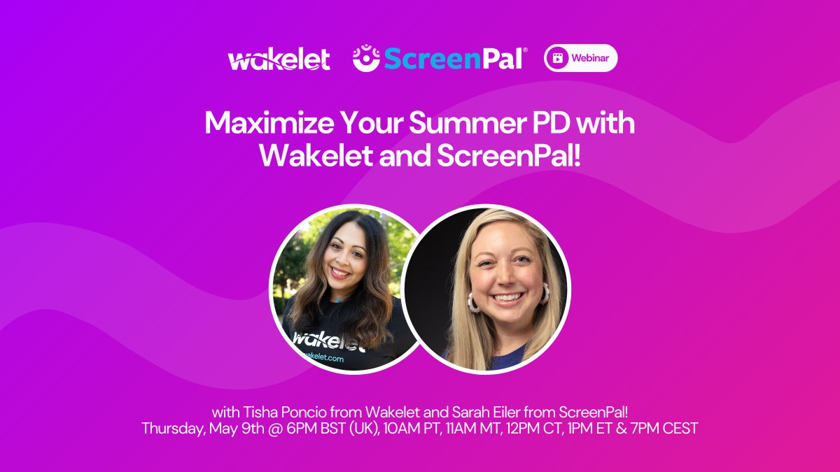 🎉Join us on May 9 for an exciting webinar with our @txtechchick and @ScreenPalApp's @sarahlaseiler! Discover how educators can level PD with #Wakelet and #ScreenPal. Don't miss out, register now: webinars.wakelet.com/screenpal🚀