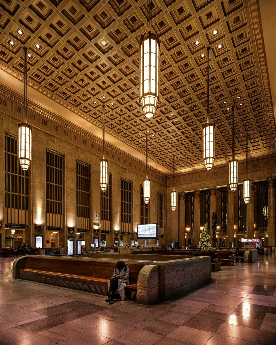 So too at 30th Street Station in Philadelphia. From the light fixtures to the coffered ceiling, careful design work humanized its epic proportions.