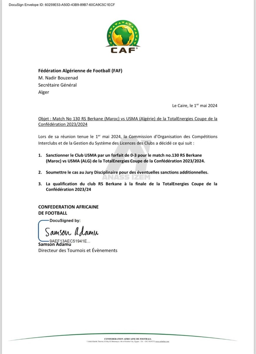 Official: CAF confirm USM Alger have lost the CAF CC semifinal second leg 0-3 as a result of forfeit. RS Berkane, thus, qualify for the CAF Confederation Cup final to face Zamalek.