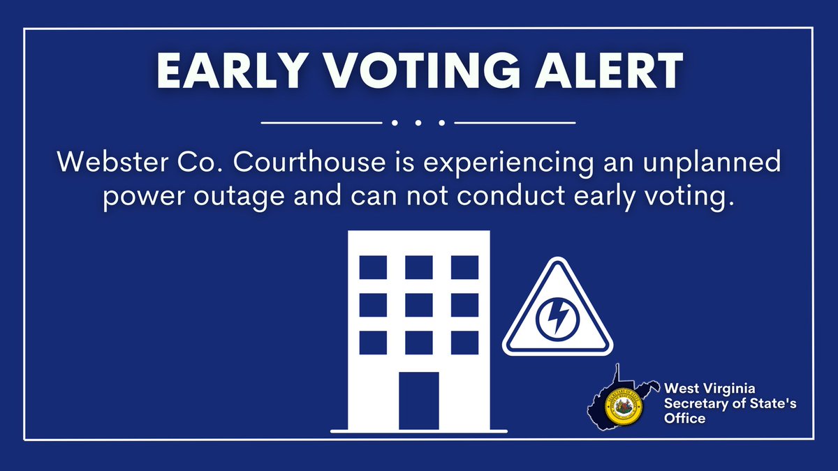 The Webster County Courthouse is currently experiencing an unplanned power outage and is unable to conduct early voting at this time. WVSOS staff members are coordinating with the Webster County Clerk and First Energy to determine when power will be restored.