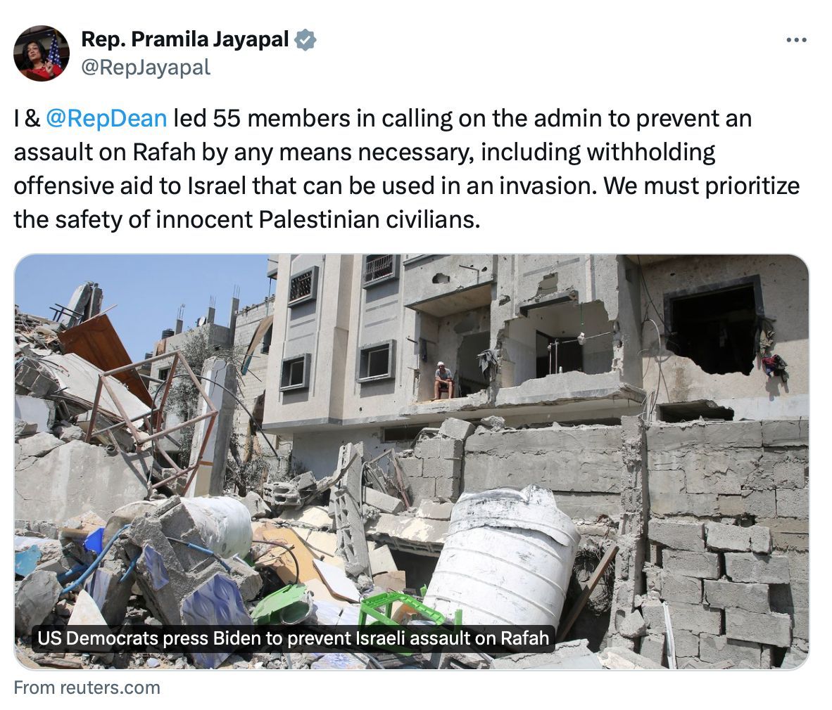 Thank you to @RepJayapal, @RepPressley, @RepMcGovern, and 52 other representatives for calling on the Biden administration to prevent the imminent attack by Israel on Rafah. It's time for President Biden to exert the power and influence he has to act and protect Palestinian lives