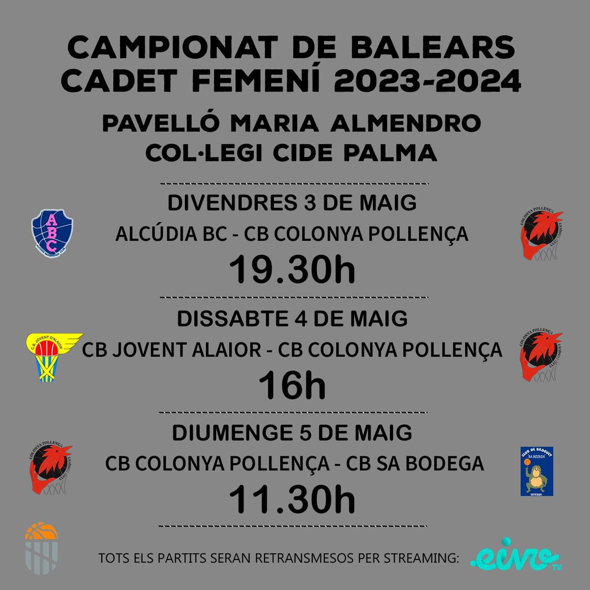 🔥 Demà comença a Palma el Campionat de Balears cadet femení. 

🏀👏🏻 Les jugadores de @MartaMontoliu tractaran de treure el millor d’elles per competir al màxim, alçar el trofeu de campiones i repetir participació al Campionat d’Espanya. No serà fàcil! Ànims, nines!!!