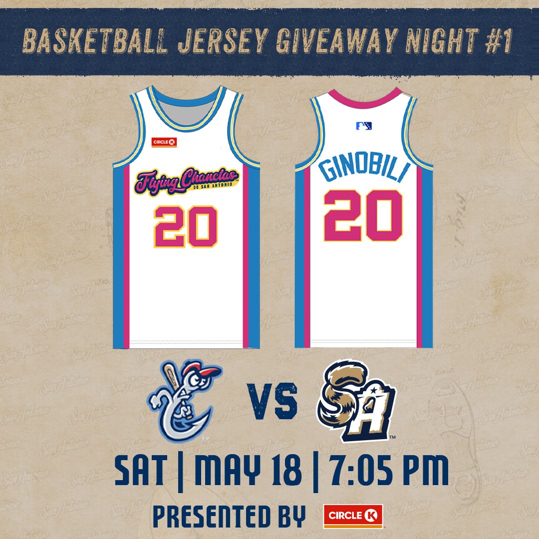 The first basketball jersey giveaway is only 1️⃣6️⃣ days away!🏀 🗓️May 18 🏟️Gates open: 6 PM 🎽First 1500 fans in The Wolff get a Flying Chanclas x @manuginobili basketball jersey thanks to @CircleKStores 🎆Postgame fireworks presented by @AlamoColleges1 🎟️: bit.ly/4bSc9jH