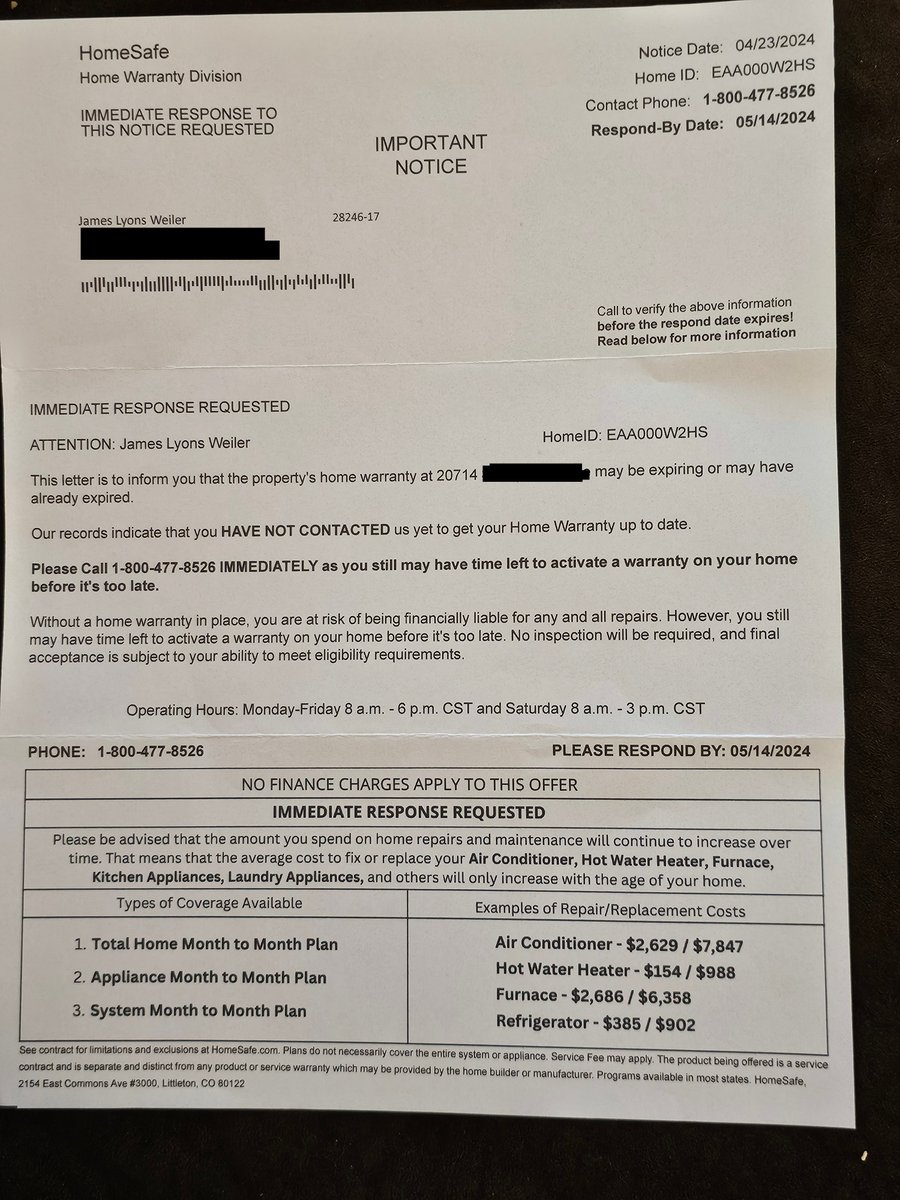 PUBLIC SERVICE NOTICE - @bbb_us , I just filed a complaint against Home Safe (Littleton, CO) for false advertising. This type of notice will cause the elderly to purchase a second home warranty because they are misled to believe they already have a home warranty with this…