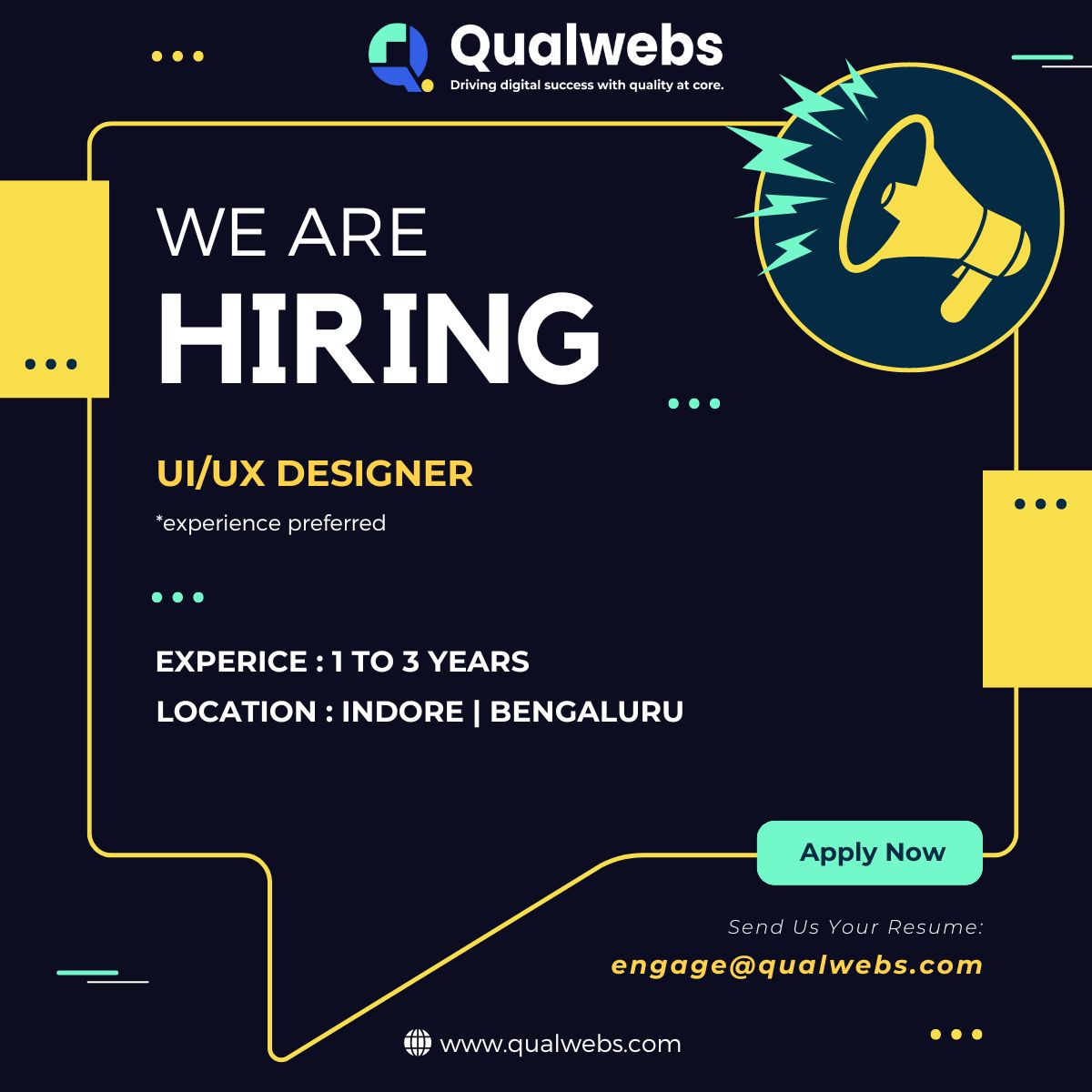 🚀 Exciting Opportunity Alert! Join @qualwebsInc as a UI/UX Designer! 

Ready to innovate and collaborate? Apply now or tag a friend who fits the bill! 

#UIUXDesigner #JobOpening #DesignCareer #HiringAlert #Qualwebs 🎨💼