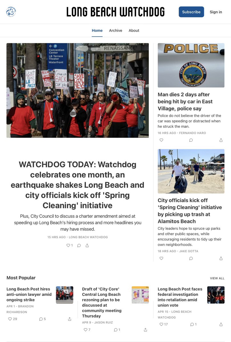 The first story for Long Beach Watchdog was published on April 1. In our first month we produced over 80 original stories and newsletters — including news, reviews, columns and photo galleries — which were read 111,400 times by over 63,500 new readers. lbwatchdog.com/subscribe