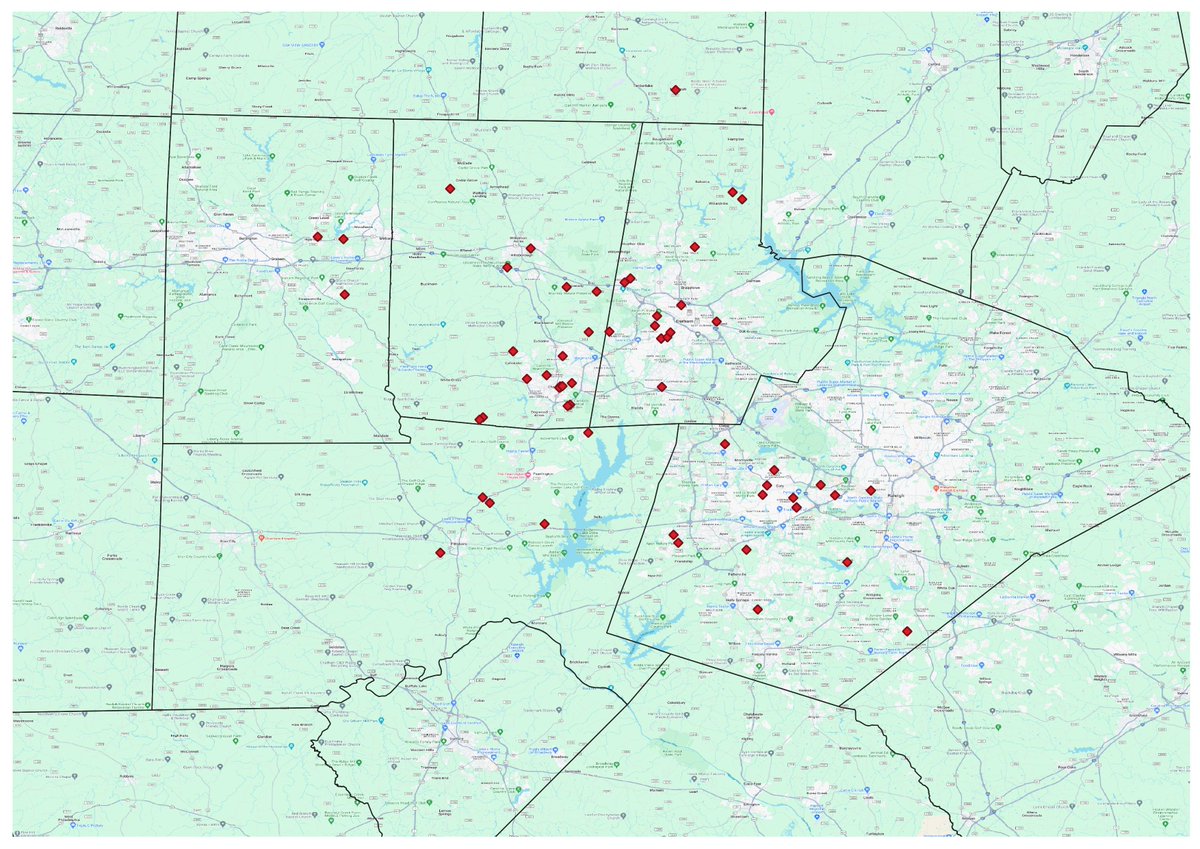 All @inaturalist records of periodical cicadas from central NC during the month of April 2024. That southwestern point in Pittsboro is one of mine, and they were everywhere. We need more observations!!!