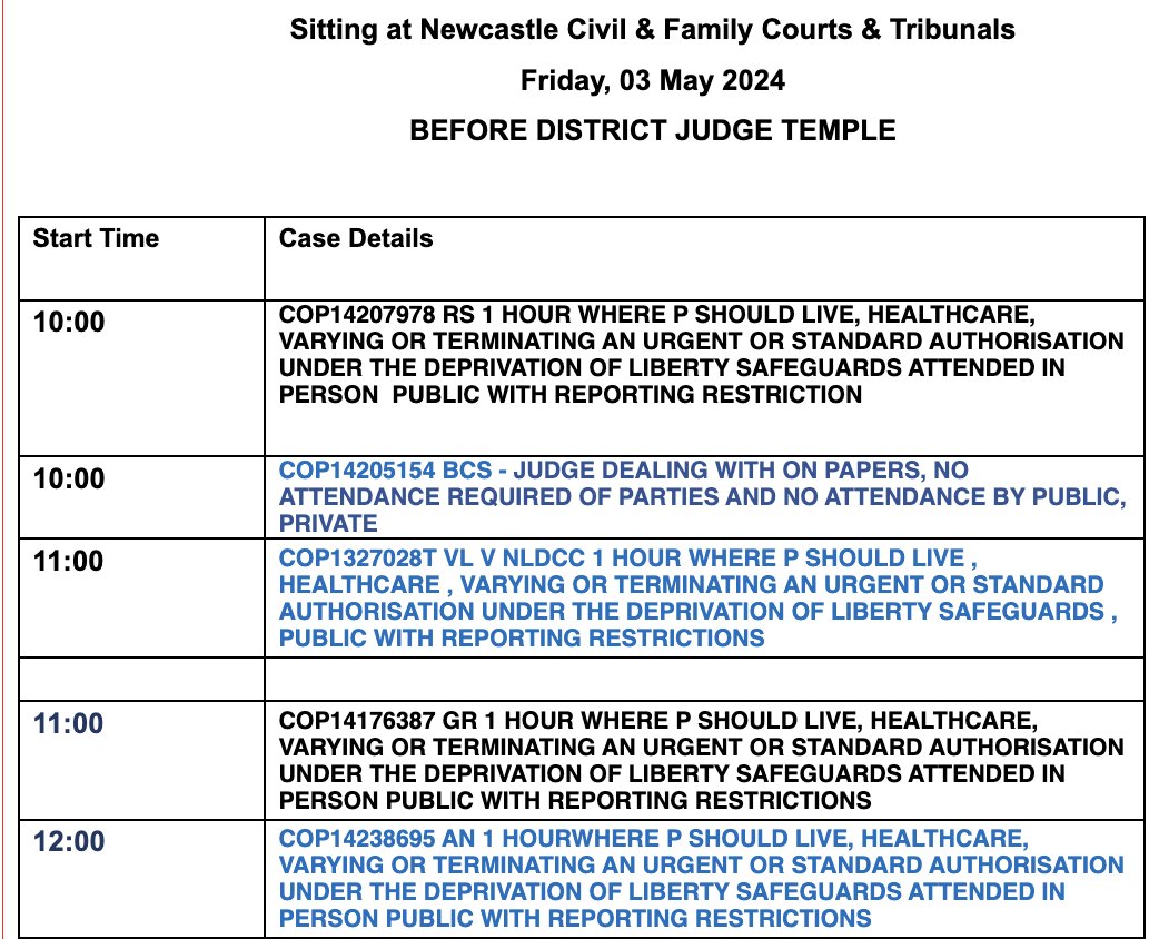 Friday 3 May, Newcastle Three IN PERSON hearings: 10am, 11am and 12 noon. The second 10am hearing is not public and it is not clear whether the first 11am hearing is remote or in person. Contact the court: COPNewcastle.newcastle.countycourt@justice.gov.uk   TEL 0191 205 8901