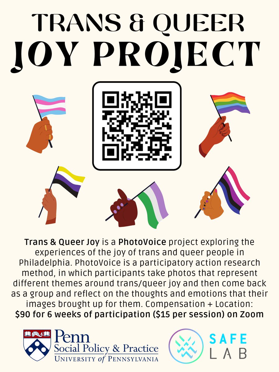 University of Pennsylvania, SAFELab is recruiting participants for a research study focused on learning more about self-identified LGBTQ+/Queer individuals, particularly how they define and experience joy! You can find the interest form in the LinkTree in our bio.