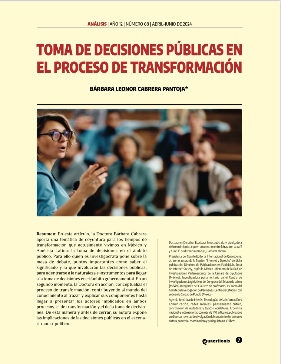 _BarbaraCabrera's tweet photo. 📌 Así lo digo en mi artículo “TOMA DE DECISIONES PÚBLICAS EN EL PROCESO DE TRANSFORMACIÓN” 👉 https://t.co/5sEmSsDhU8
📖📲 Publicado en la sección análisis de la Revista @QuaestionisMx
#RevistaQuaestionis #Q68 #ElArteDePensar #12años https://t.co/dJiUVPYJYg
