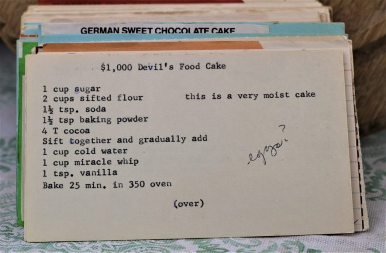 This recipe for devil’s food cake has a tangy twist by adding miracle whip. Have you tried it? For recipe on the website vintagerecipeproject.com/1000-devils-fo… #chocolatecake #vintagerecipe #bakingcake