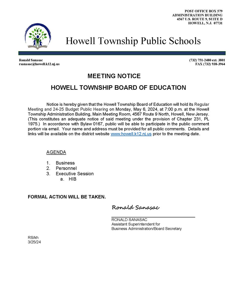 A meeting of the Board of Education is scheduled for May 6, 2024, 7:00 PM, Administration Building Main Meeting Room. #HTPSCommunityEngagement