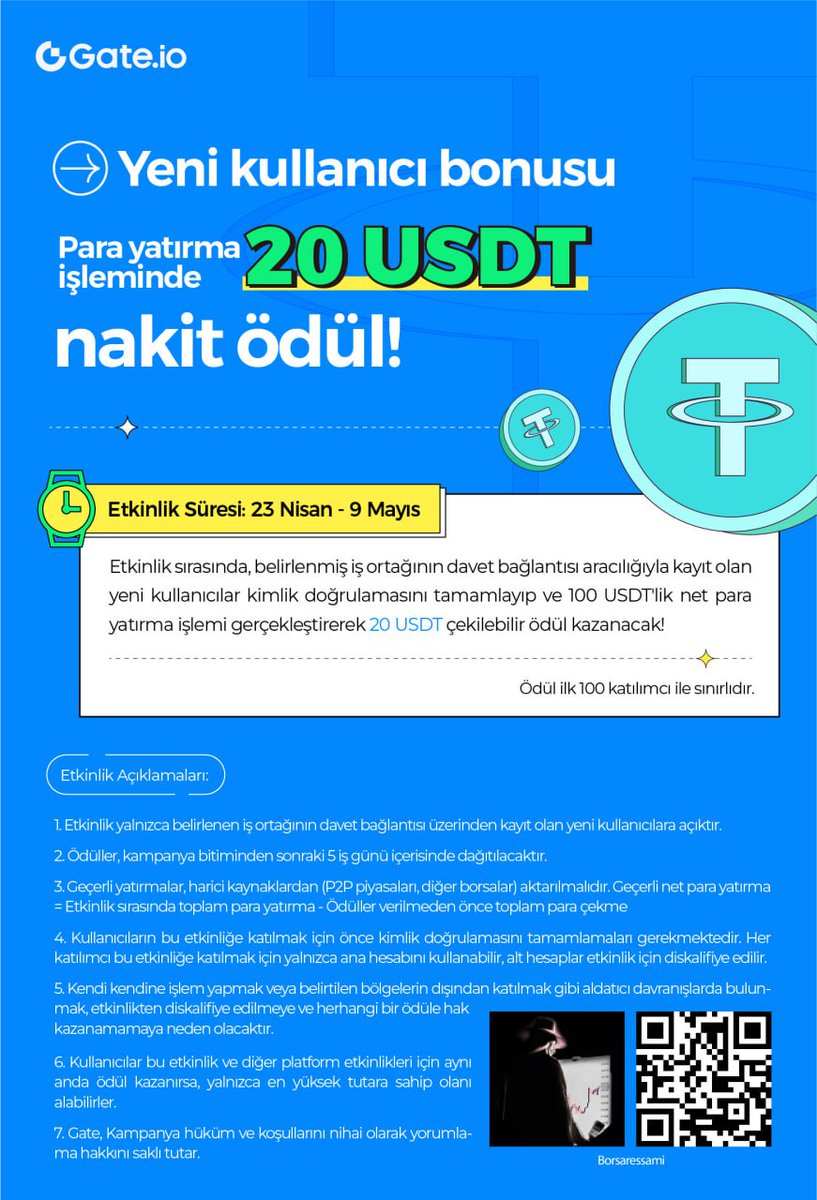 Arkadaşlar @gate_io dan takipçilerime özel; En az 100$ yatıranlara 20$ çekilebilir ödül 🔥 -Buradan Üye Ol : gate.io/tr/signup/UwJB… - KYC doğrulamanızı yaptıktan sonra minimum 100$ para yatır. ⚡️ İLK 100 KİŞİ İLE SINIRLIDIR ⚡️ ( Kampanya Süresi : 23 Nisan/9 Mayıs)