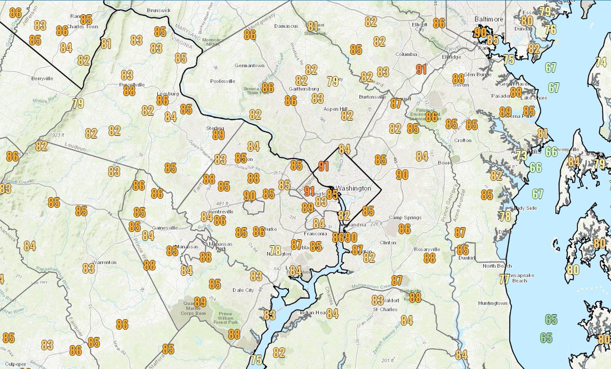 It's getting toasty, DC! Current temps well into the 80s in most spots. Highs near 90 are probable.