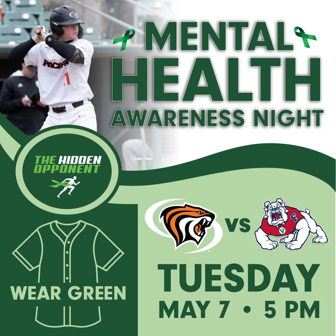 🌲🥬 𝙒𝙀𝘼𝙍 𝙂𝙍𝙀𝙀𝙉! 🍏💚 Mental Health Awareness Night is coming up at 5 p.m. on Tuesday, May 7 against Fresno State! #PacificProud