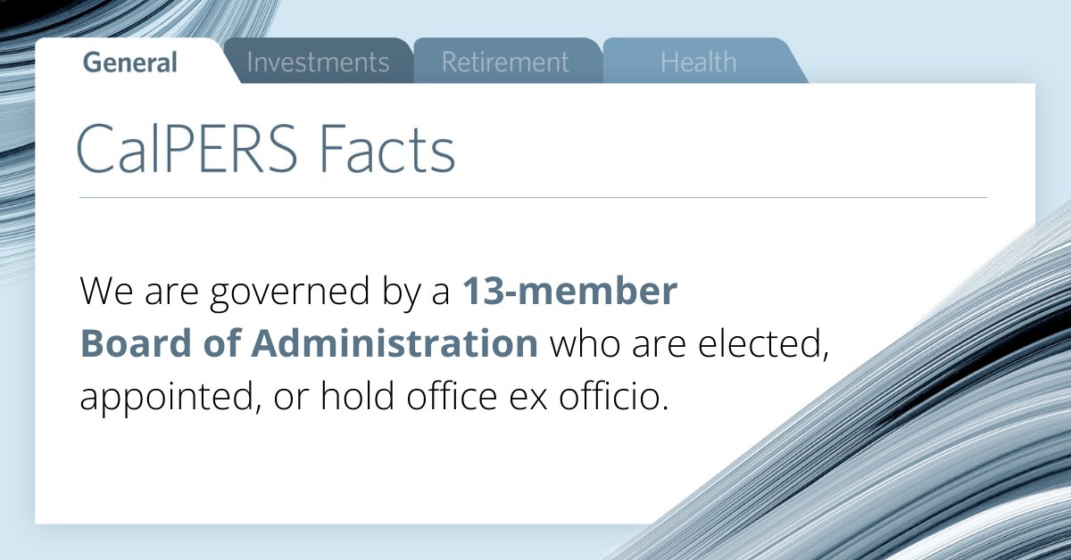 The #CalPERSBoard’s responsibilities include setting employer contribution rates, determining investment asset allocations, providing actuarial valuations, and much more. Meet our Board members: bit.ly/3Ykto5q. #CalPERSFact