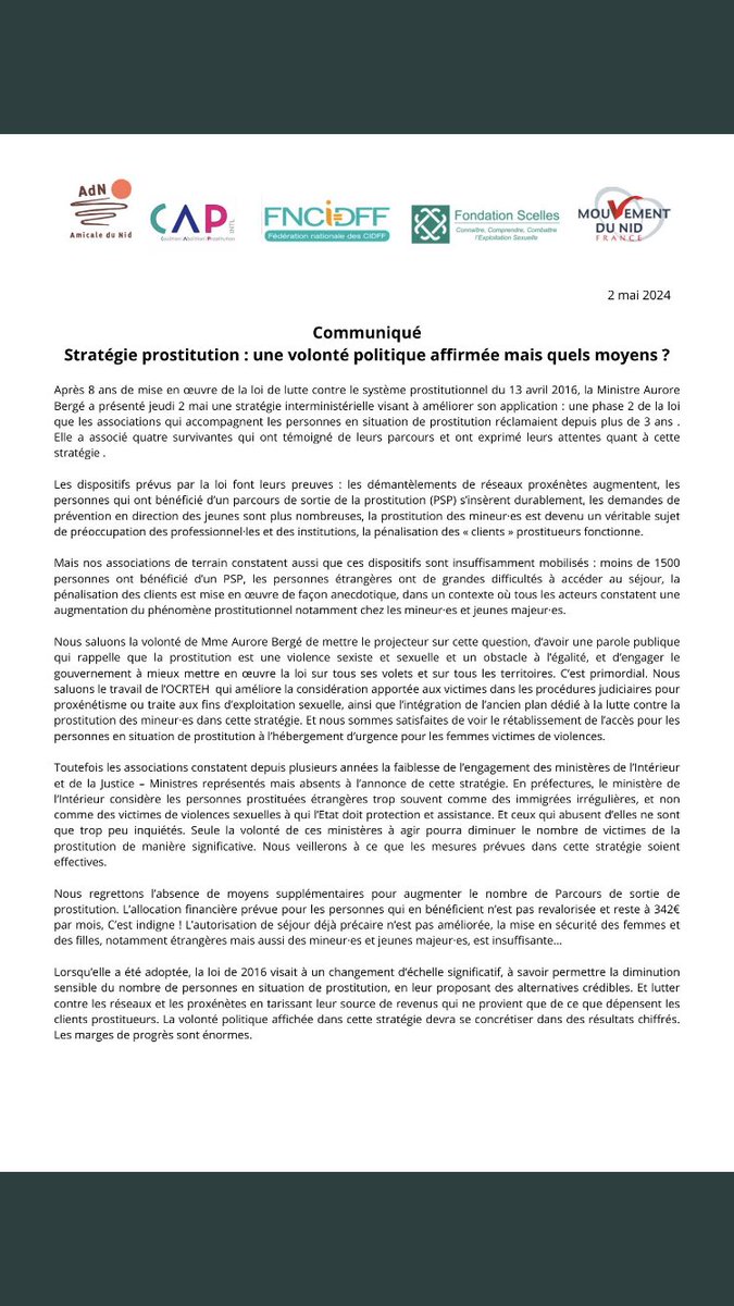 Le Mouvement du Nid a assisté à la présentation de la stratégie de lutte contre le système prostitutionnelle par la Ministre de l’égalité. Merci aux survivantes présentes pour leurs témoignages primordiaux aujourd’hui. Retrouvez notre CP commun avec les assos de terrain.