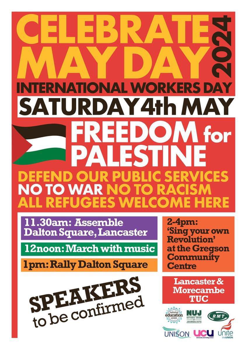 Join us to celebrate International Workers Day this Saturday - we'll be there with our banner from 11.30am Dalton Square. March at midday with music, rally with speakers at 1pm. (next tweet for confirmed speakers)