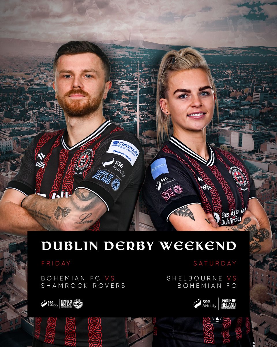 ❤️🖤 Bohemians face into a weekend of Dublin derbies. ⌛️ Tomorrow at 7.45pm, we host Shamrock Rovers at Dalymount Park in the SSE Airtricity Men's Premier Division. ⏳ On Saturday at 2pm, we face Shelbourne at Tolka Park in the SSE Airtricity Women's Premier Division.