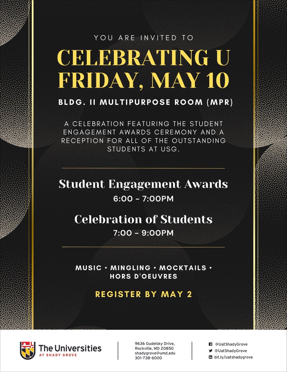 On Friday, May 10, join us for a celebration featuring the Student Engagement Awards Ceremony and a reception for all of the outstanding students at USG! “Dressy casual” attire is encouraged. RSVP at bit.ly/CelebratingU-2…