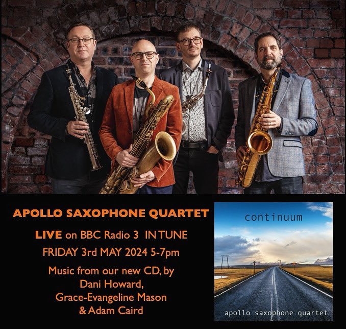 Tomorrow Friday 3rd May @apollo4tet play live on @bbcradio3 In Tune and chat to @thekatiederham about our new CD release. We’re playing wonderful new music by @danihoward6 @grace_evangeline & Adam Caird. Join us!! 5-7pm