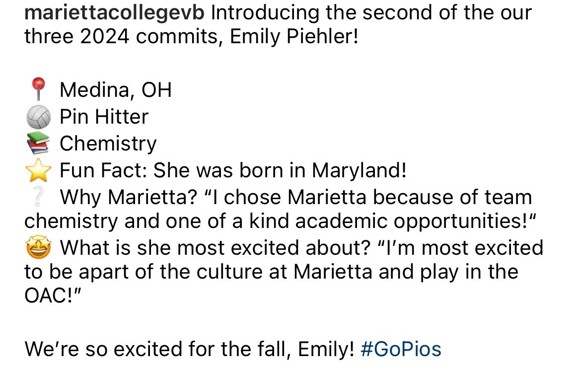 Introducing the second of the our three 2024 commits, Emily Piehler! 

From Medina, OH, Emily is a pin hitter that plans to major in Chemistry here at MC. We are so excited to add her to our roster and can’t wait for the fall! #GoPios