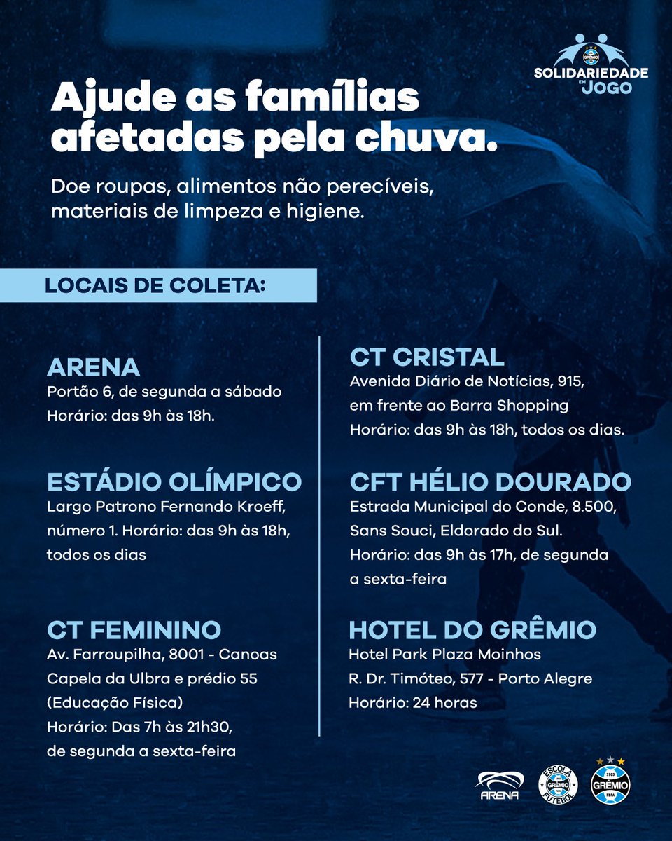 NOVOS PONTOS DE COLETA ⚠️🇪🇪 A ação Solidariedade em Jogo tem novos locais para doações em prol das famílias atingidas pelas chuvas! 👉🏽 CT das #GuriasGremistas, na ULBRA em Canoas. 👉🏽 Hotel Park Plaza Moinhos, no bairro Moinhos de Vento em Porto Alegre.