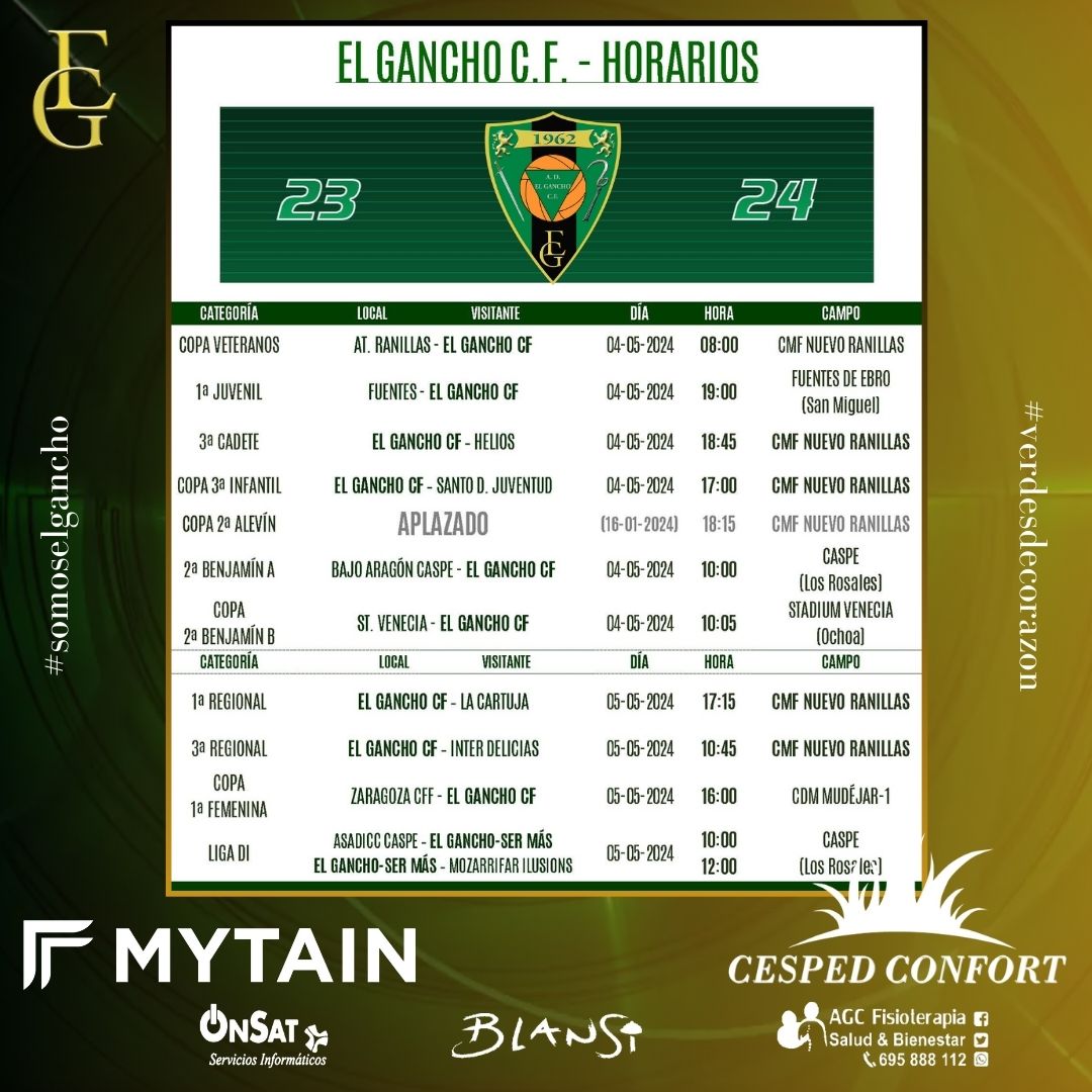 elganchocf's tweet photo. ¡HORARIOS! ⌚️

🏆 Comienzan las competiciones de Copa Infantil y Femenina. La del Alevín se aplaza la primera jornada al 16 de mayo.
Y nos desplazamos a Caspe, junto a la Fundación Ser Más para jugar la tercera y cuarta jornada de la liga DI.
¡Suerte a todos y...Aúpa El Gancho!💚 https://t.co/RVyV374mW5